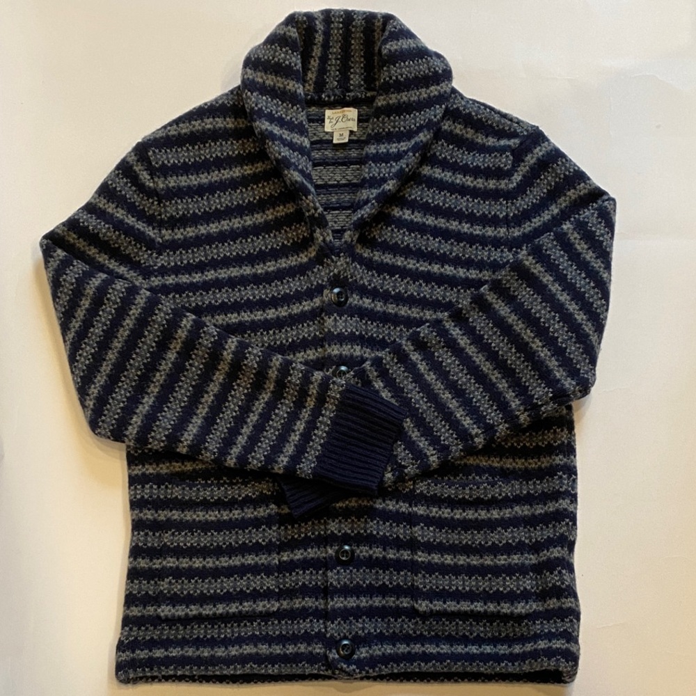 J. Crew Fair Isle lambswool navy and gray striped cardigan